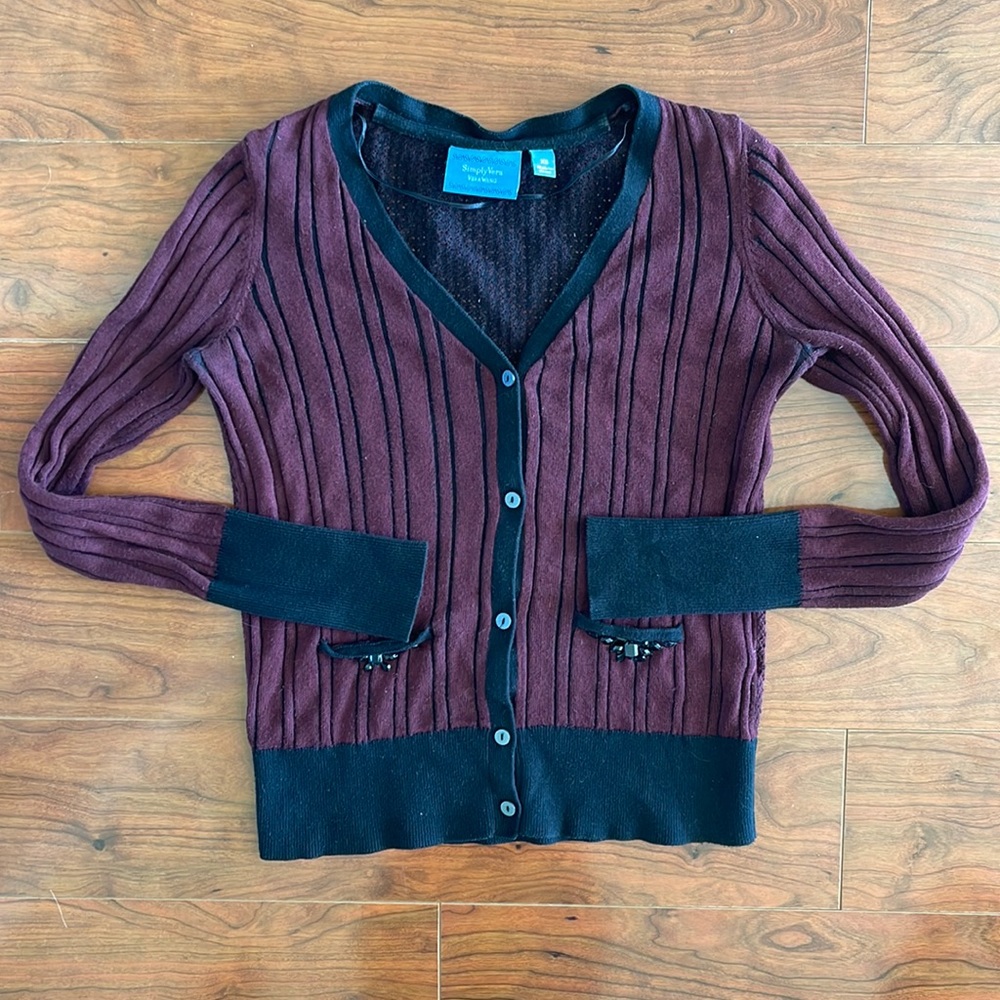 COPY - COPY - Vera Wang Black and Maroon Button down Sweater Cardigan